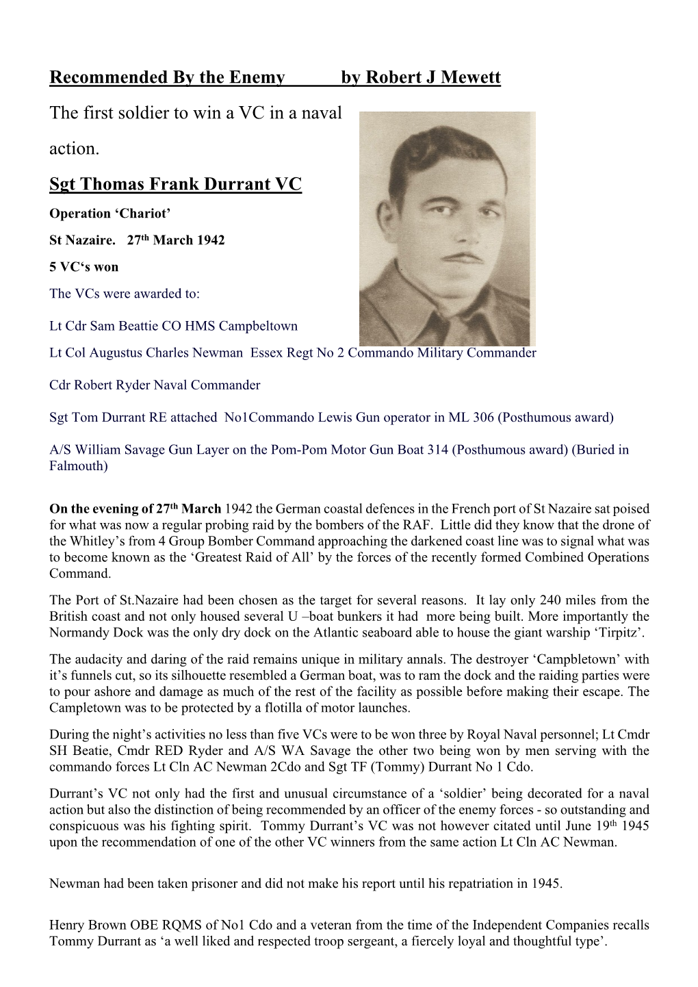 Sgt. Tommy Durrant VC