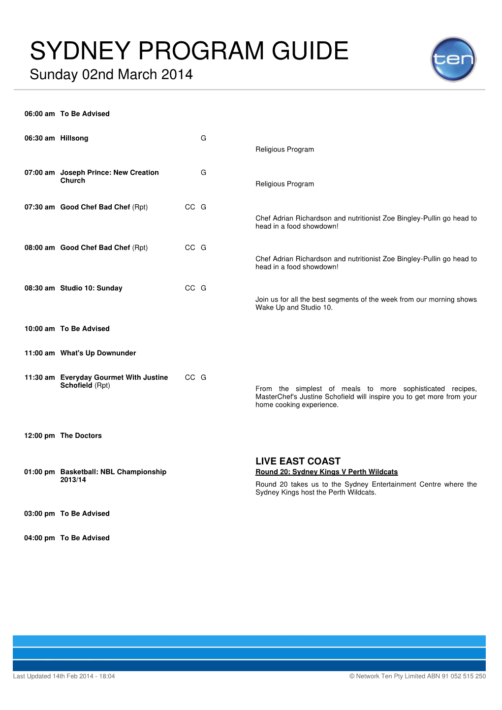 SYDNEY PROGRAM GUIDE Sunday 02Nd March 2014