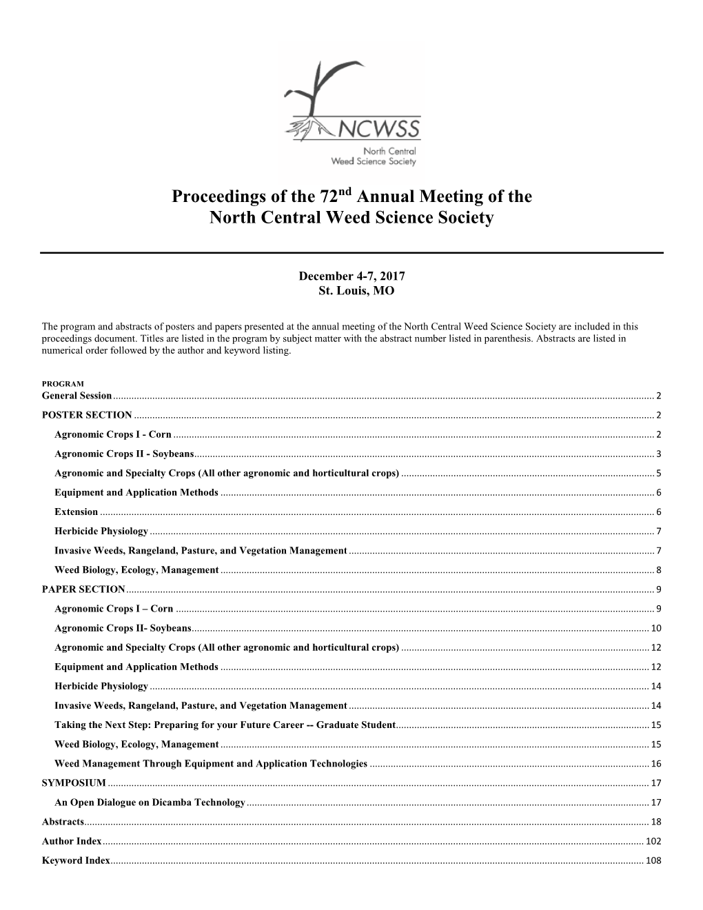 Proceedings of the 72Nd Annual Meeting of the North Central Weed Science Society