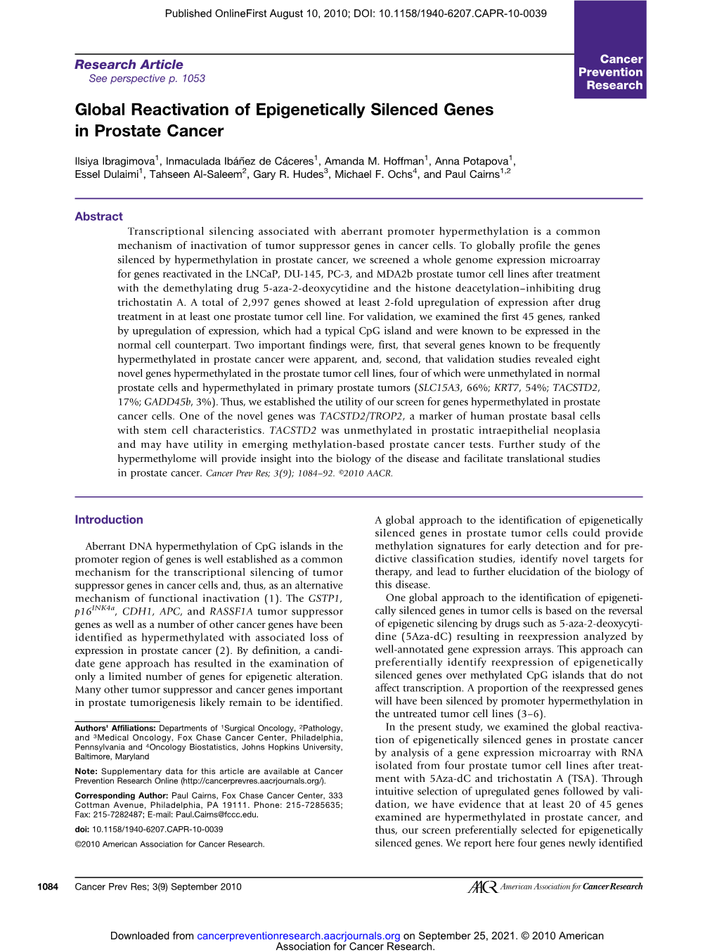 Global Reactivation of Epigenetically Silenced Genes in Prostate Cancer