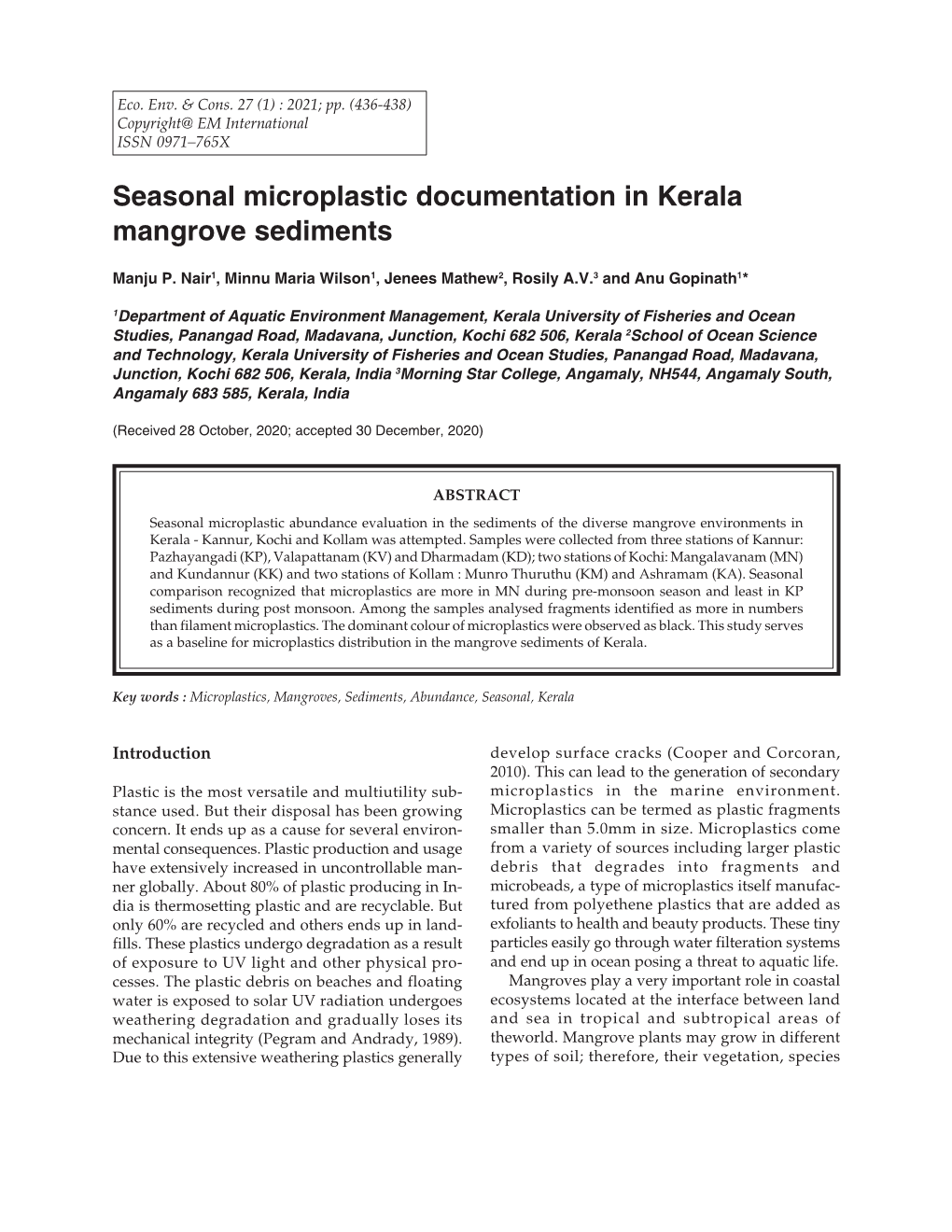 Seasonal Microplastic Documentation in Kerala Mangrove Sediments