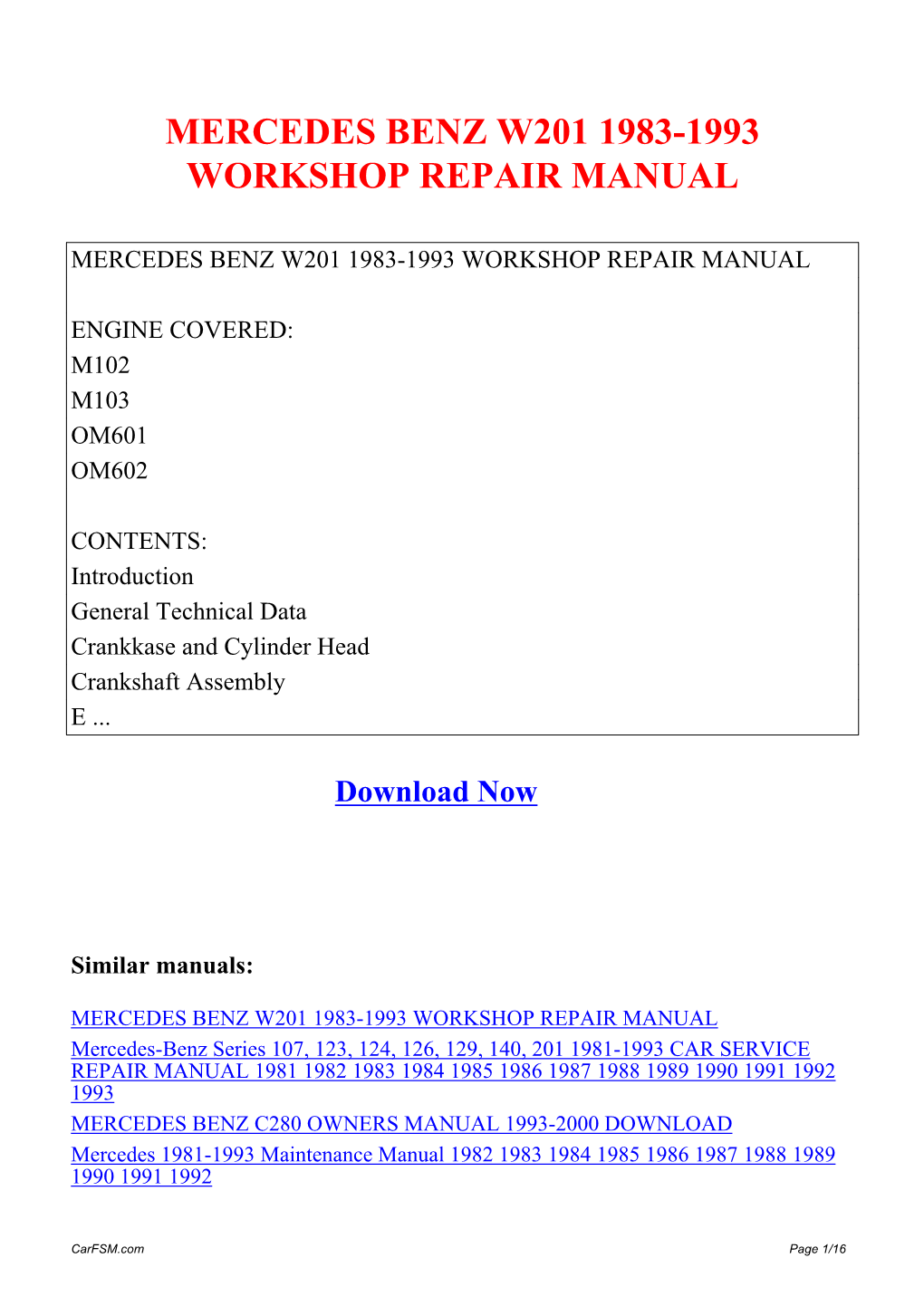 Mercedes Benz W201 1983-1993 Workshop Repair Manual