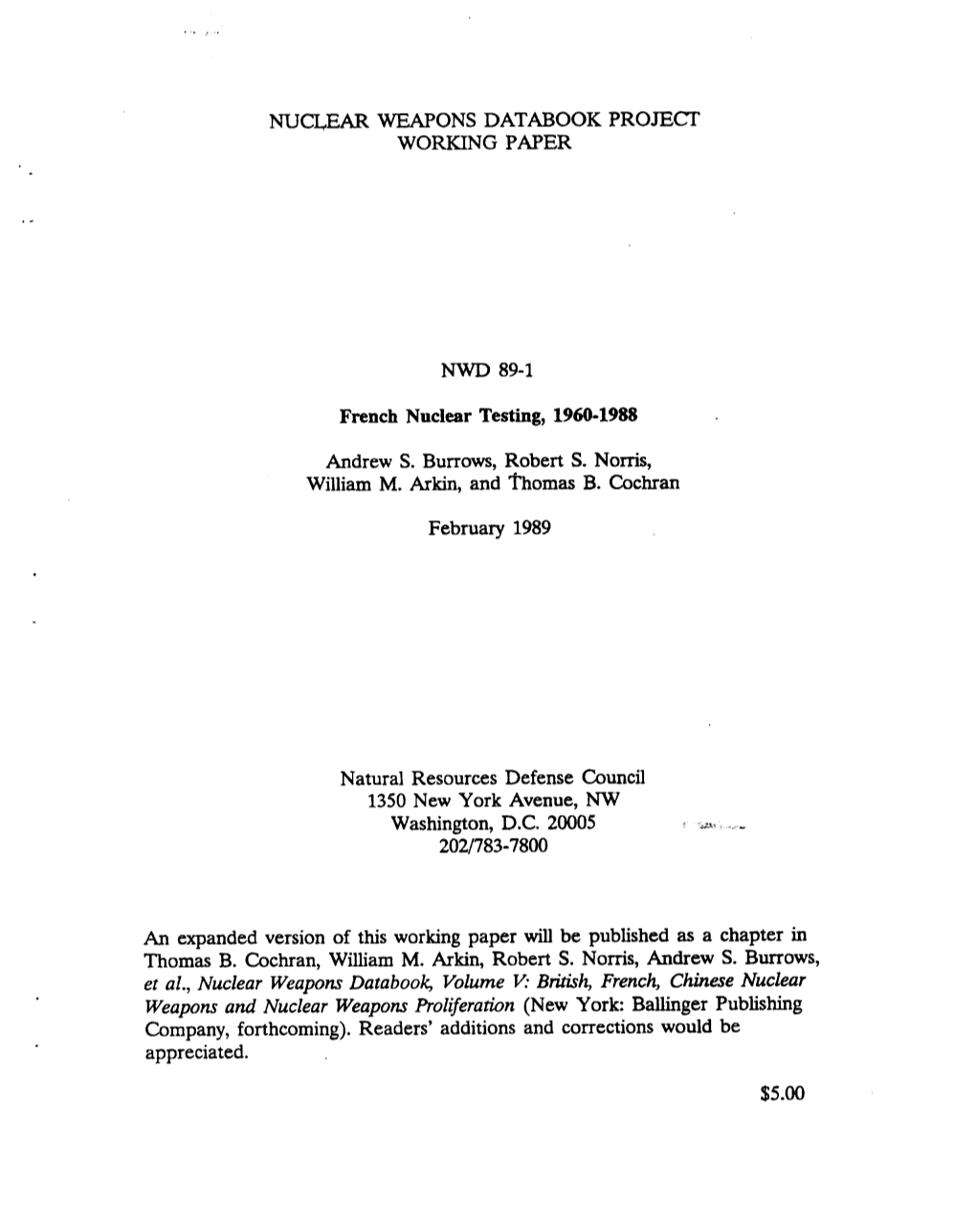 NUCLEAR WEAPONS DATABOOK Projecf WORKING PAPER