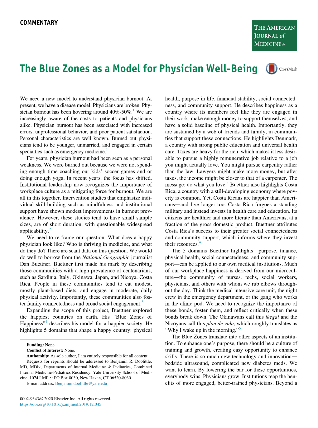 The Blue Zones As a Model for Physician Well-Being