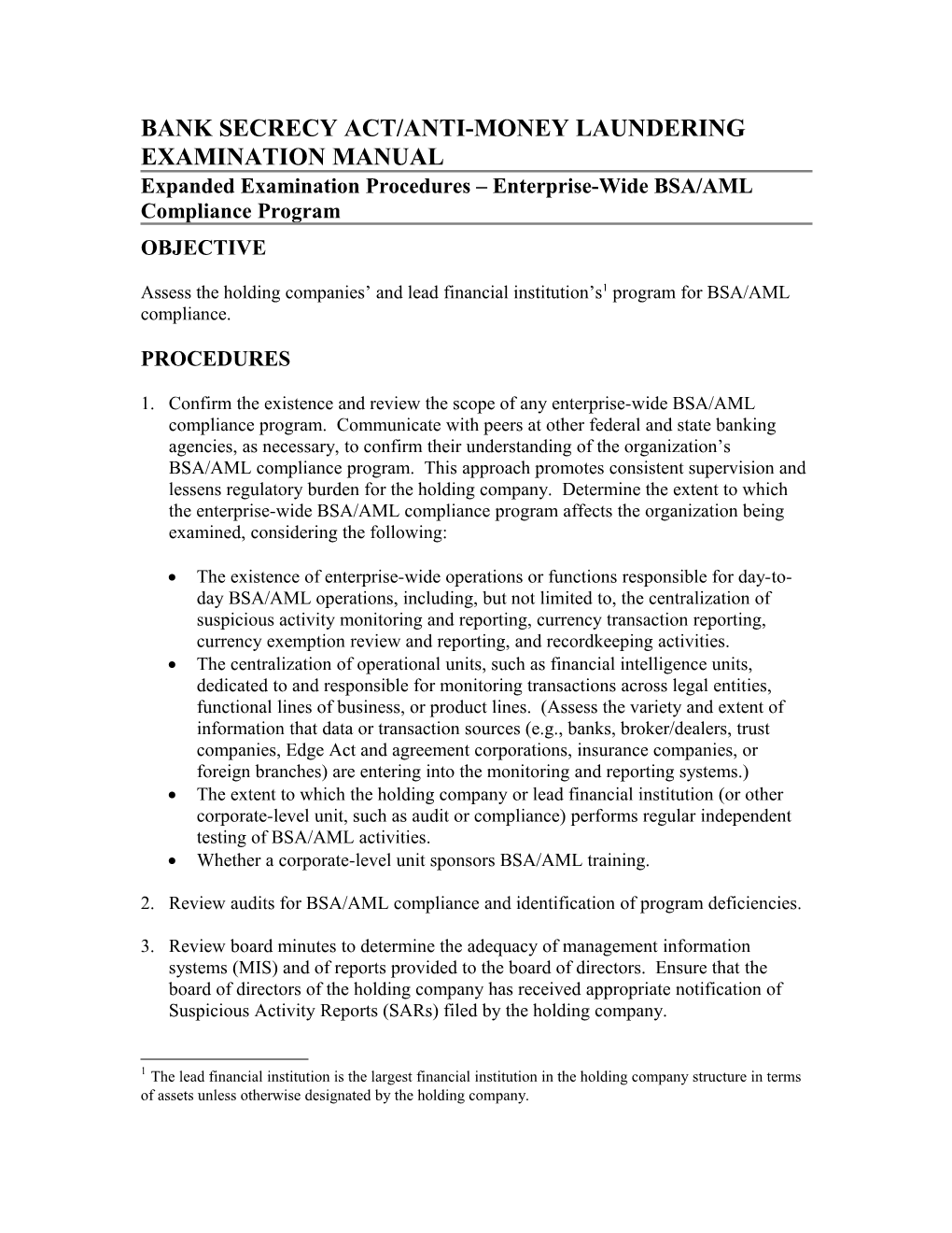 Bank Secrecy Act/Anti-Money Laundering Examination Manual