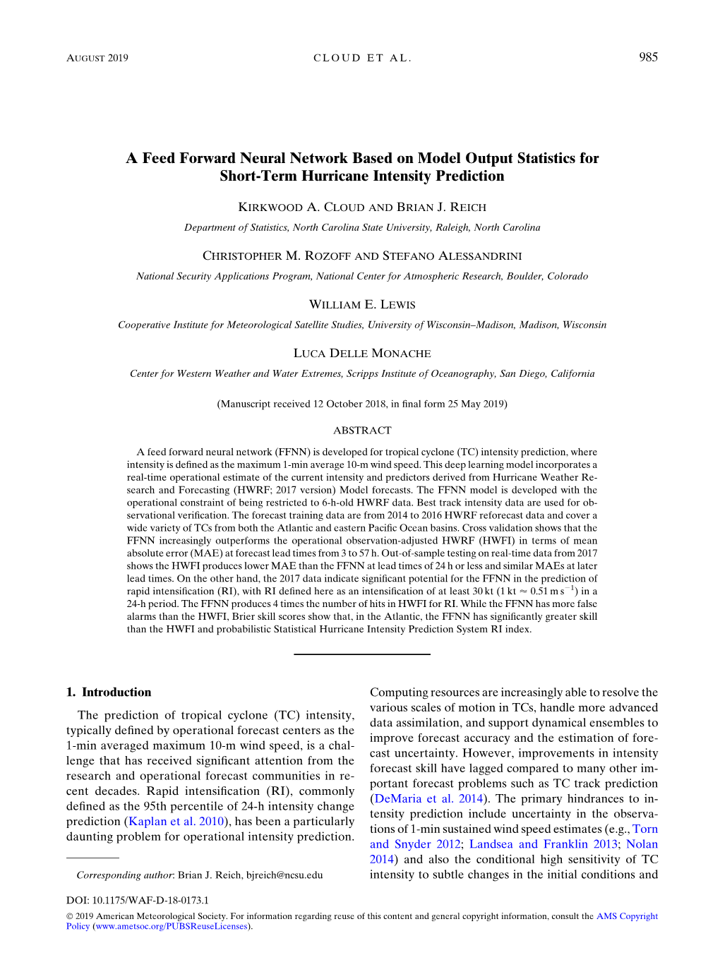 A Feed Forward Neural Network Based on Model Output Statistics for Short-Term Hurricane Intensity Prediction