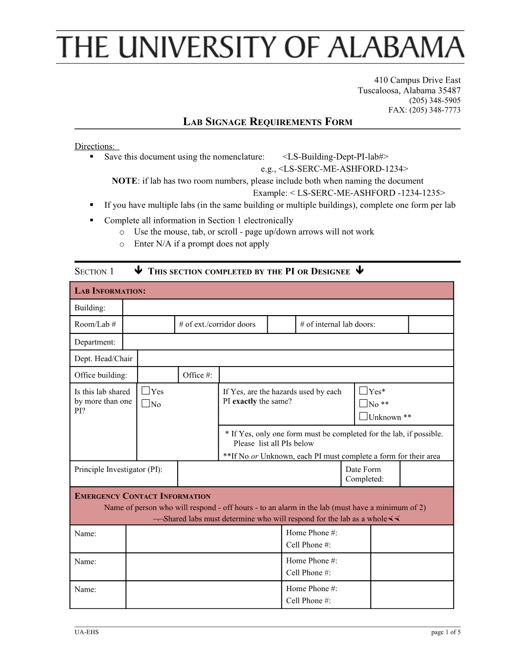 Lab Signage Requirements Form