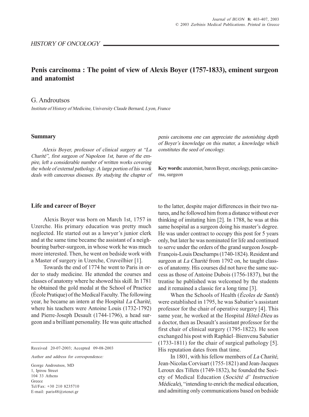 Penis Carcinoma : the Point of View of Alexis Boyer (1757-1833), Eminent Surgeon and Anatomist