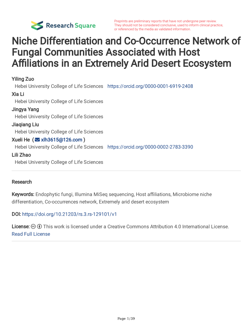 Niche Differentiation and Co-Occurrence Network of Fungal Communities Associated with Host A�Liations in an Extremely Arid Desert Ecosystem