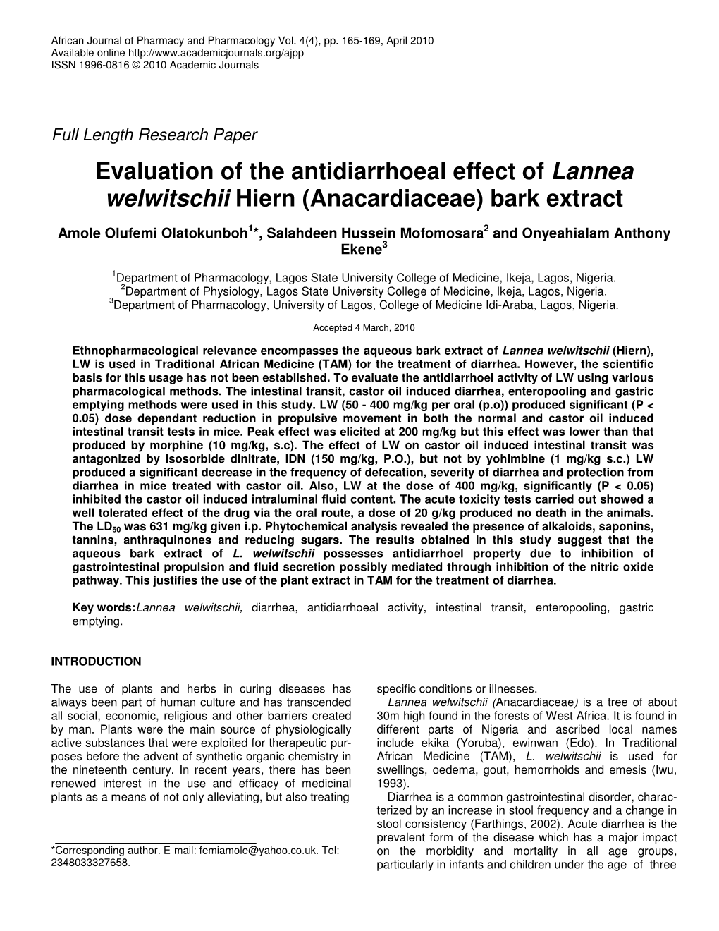 Evaluation of the Antidiarrhoeal Effect of Lannea Welwitschii Hiern (Anacardiaceae) Bark Extract