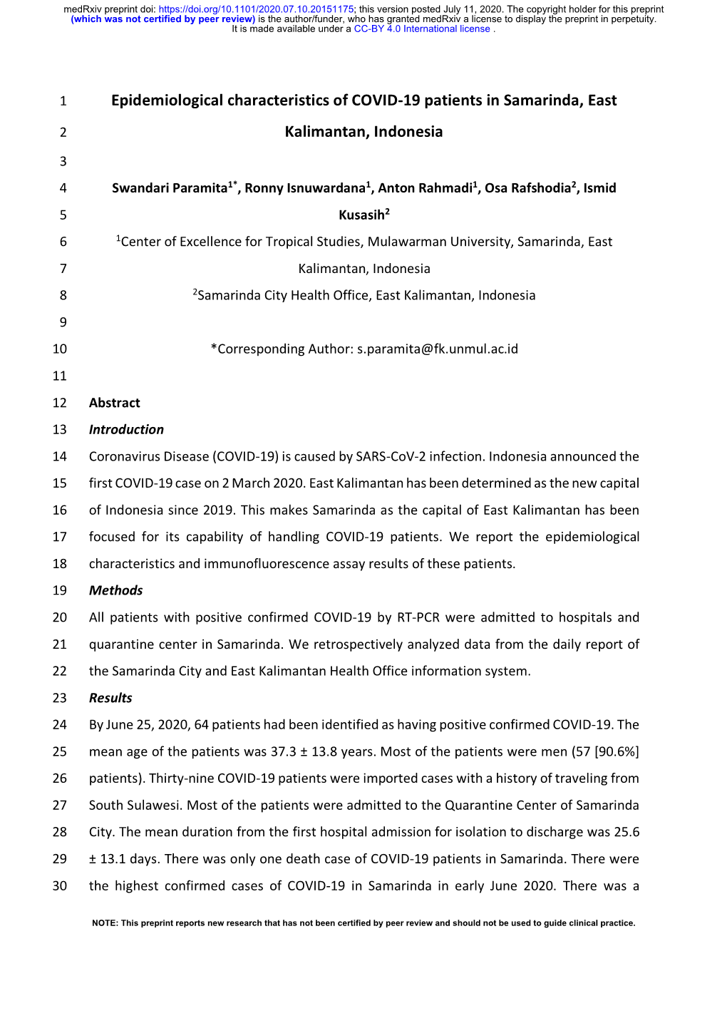 Epidemiological Characteristics of COVID-19 Patients in Samarinda, East