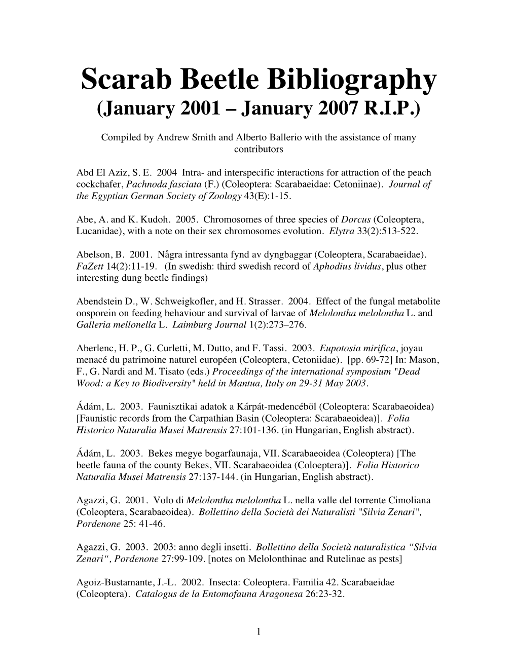 Scarab Beetle Bibliography (January 2001 – January 2007 R.I.P.)