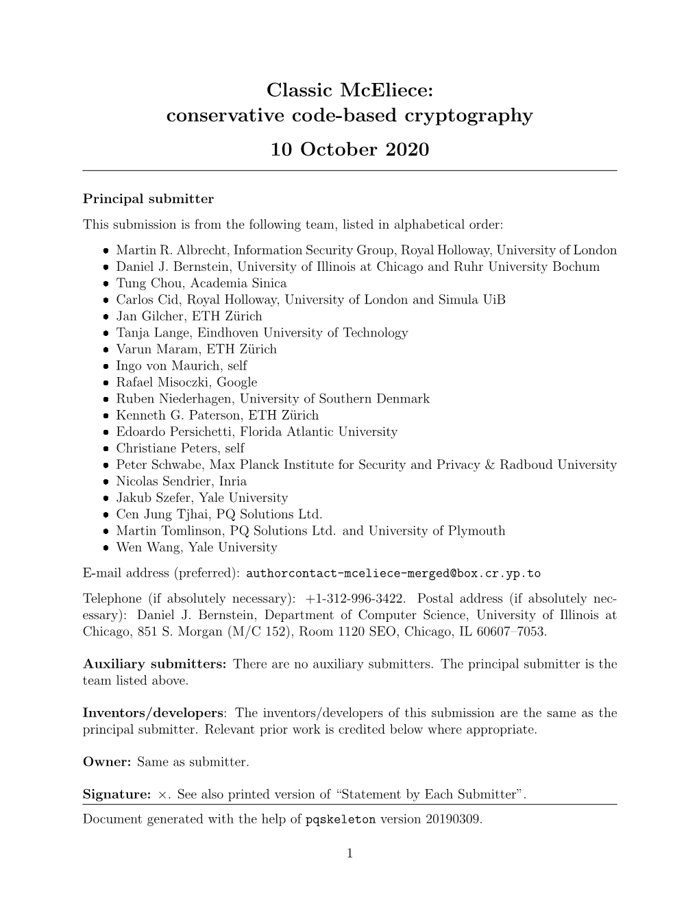 Conservative Code-Based Cryptography 10 October 2020