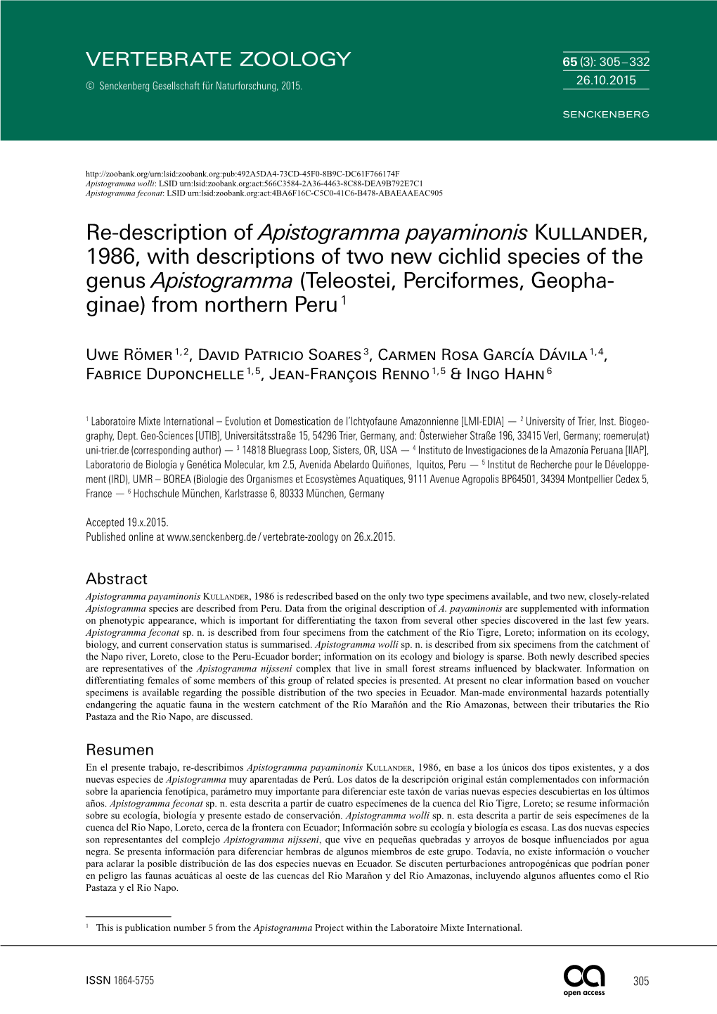 Re-Description of Apistogramma Payaminonis Kullander, 1986, With