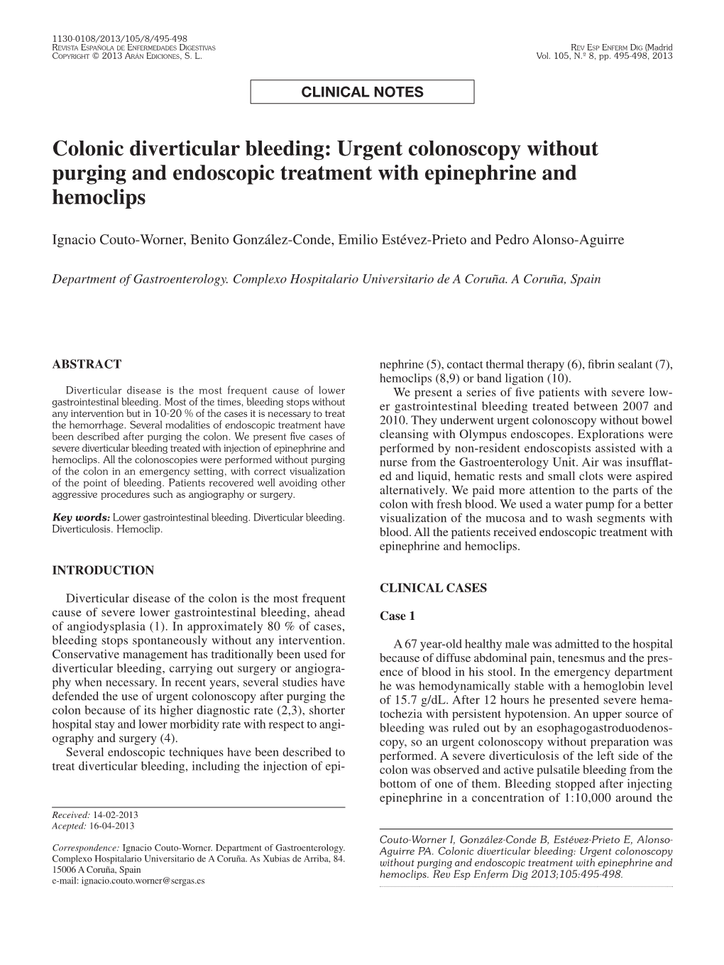 Colonic Diverticular Bleeding: Urgent Colonoscopy Without Purging and Endoscopic Treatment with Epinephrine and Hemoclips