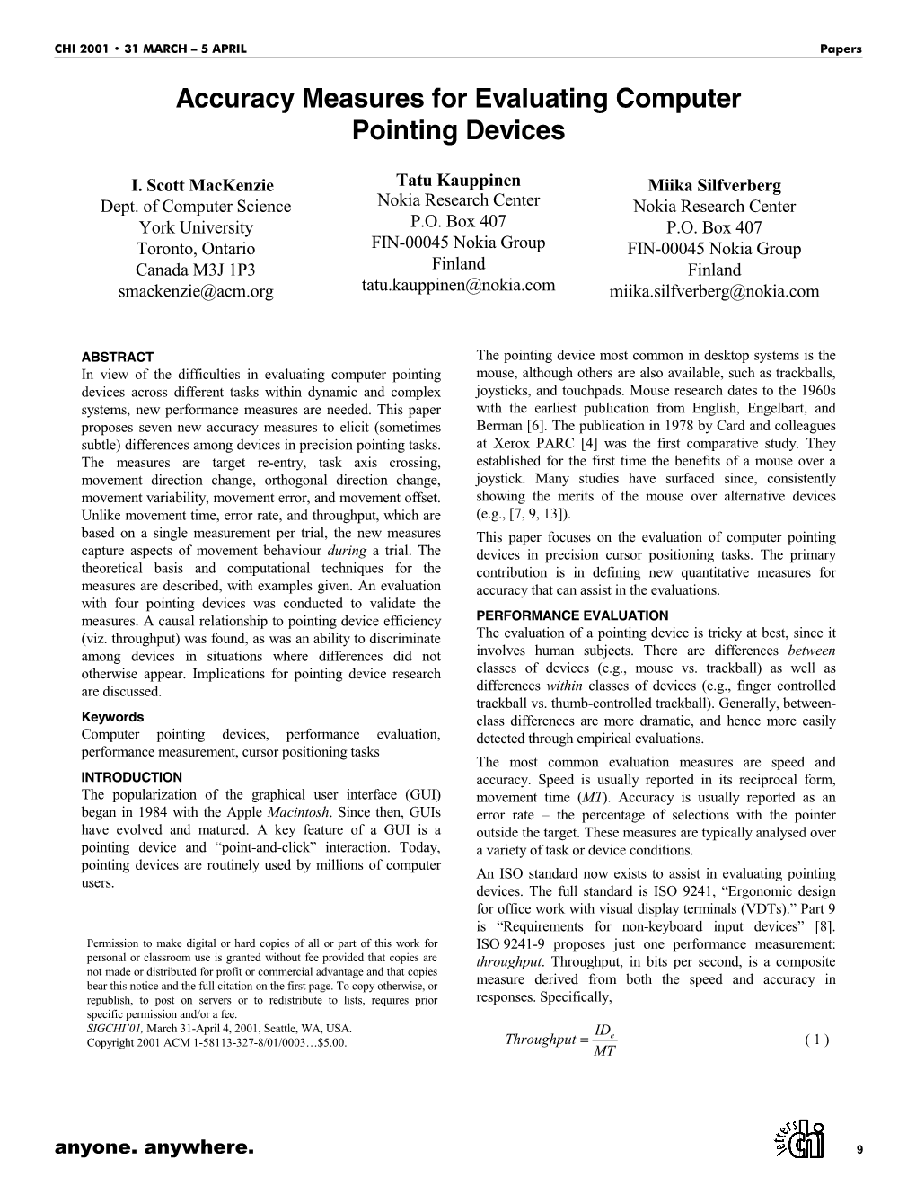 Accuracy Measures for Evaluating Computer Pointing Devices