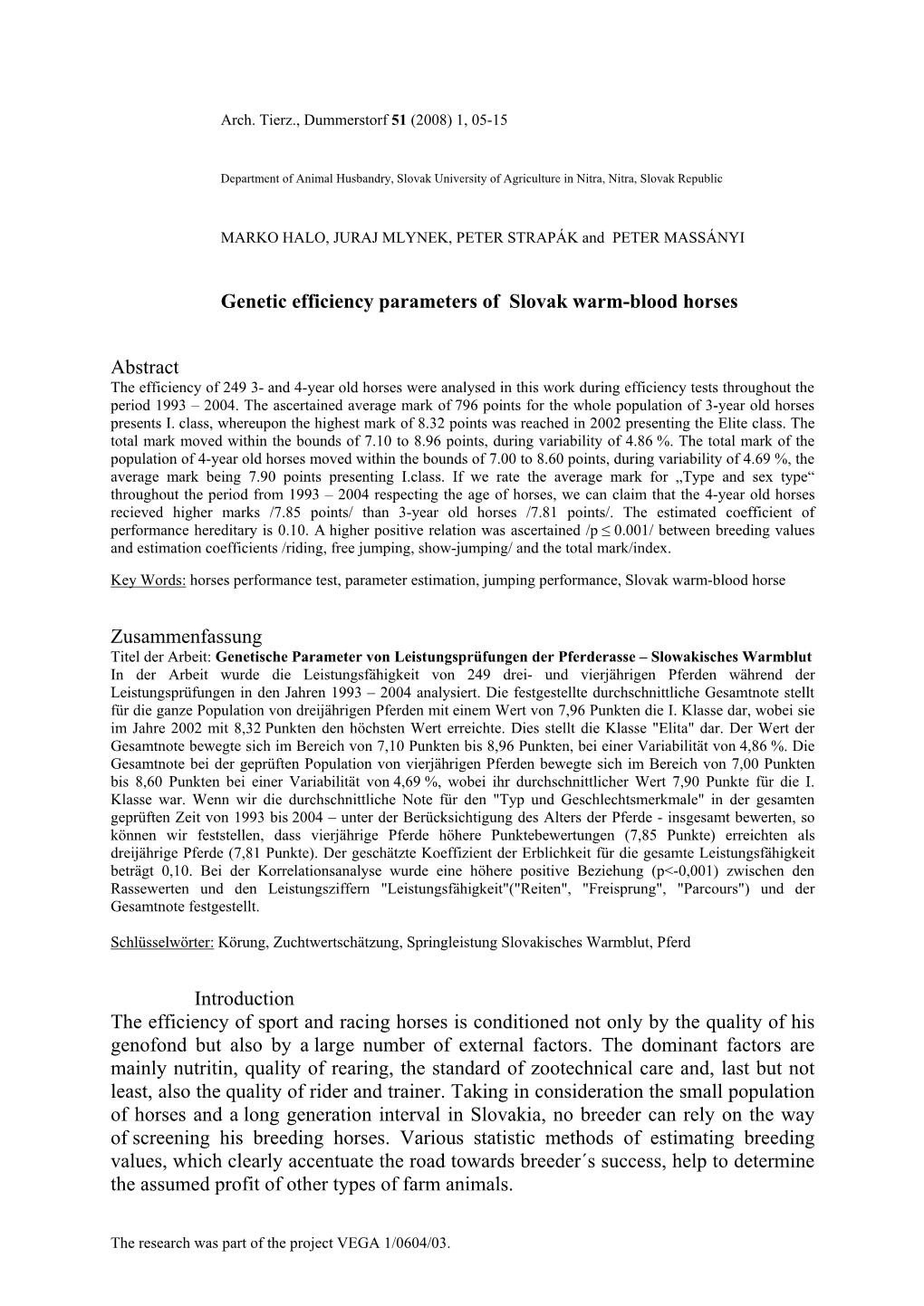 Genetic Efficiency Parameters of Slovak Warm-Blood Horses