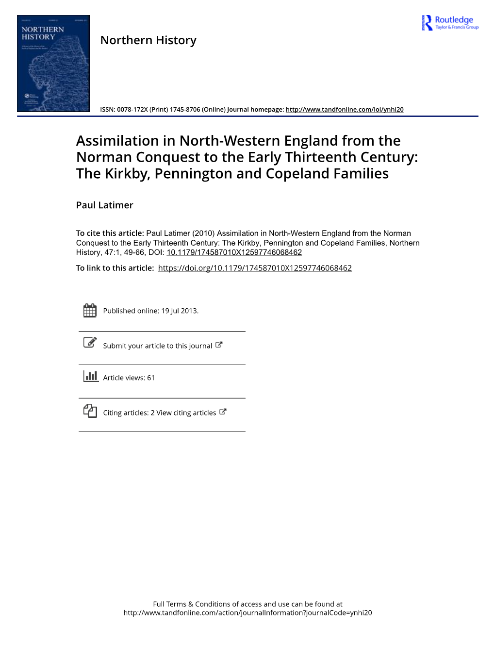 Assimilation in North-Western England from the Norman Conquest to the Early Thirteenth Century: the Kirkby, Pennington and Copeland Families