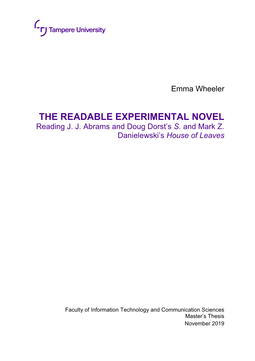 THE READABLE EXPERIMENTAL NOVEL Reading J