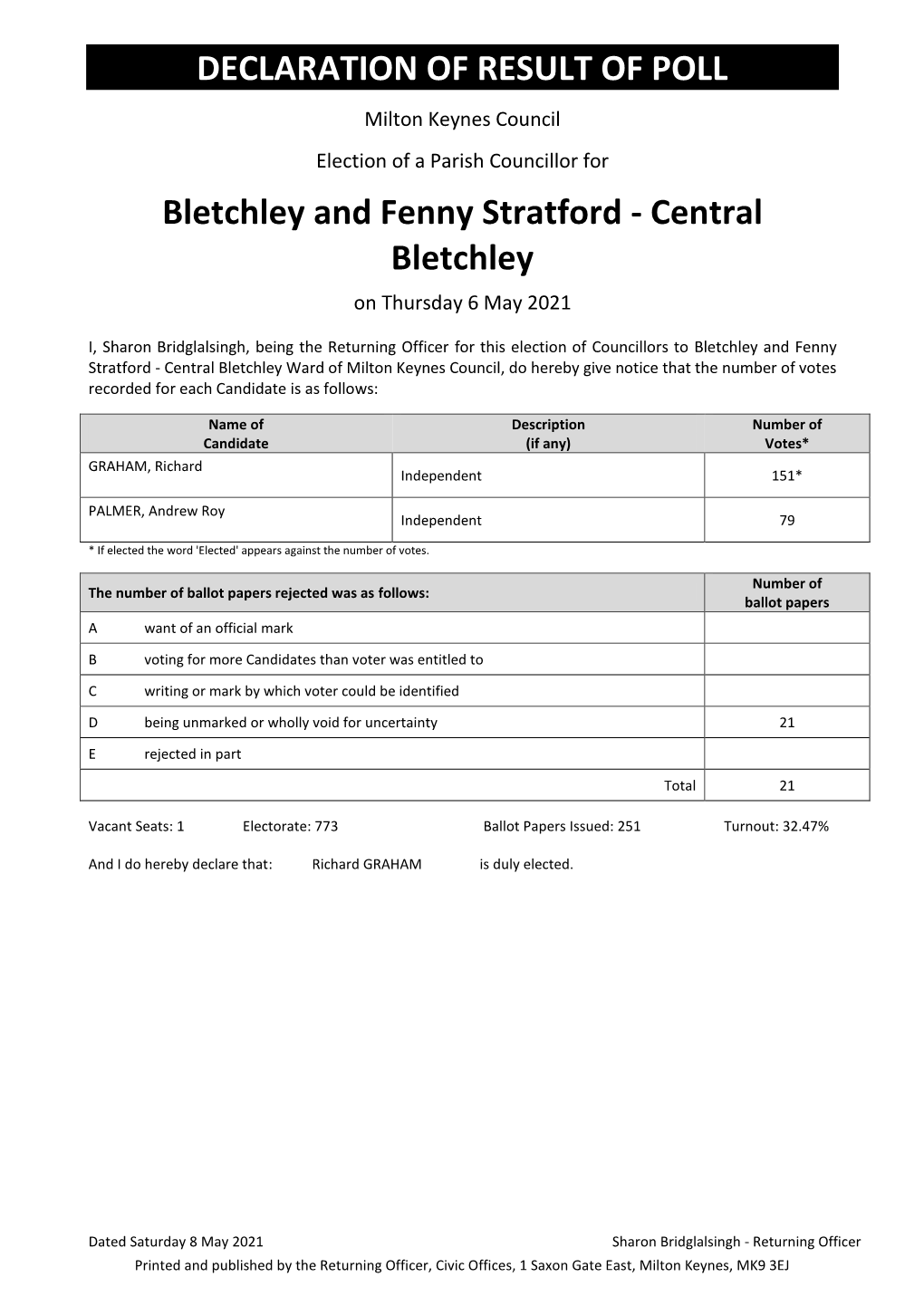 DECLARATION of RESULT of POLL Bletchley and Fenny Stratford