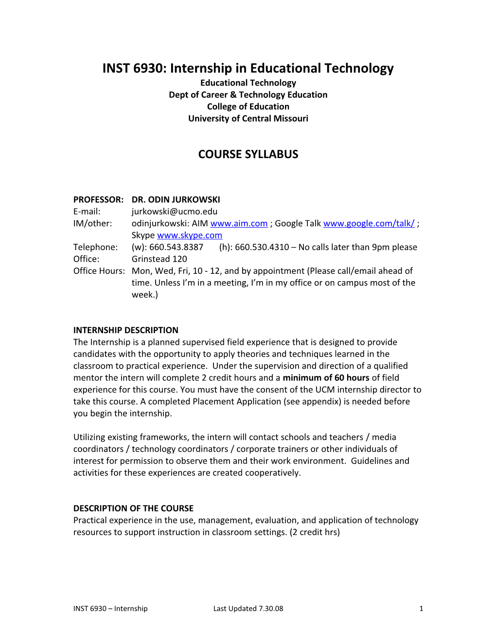 INST 6930: Internship in Educational Technology