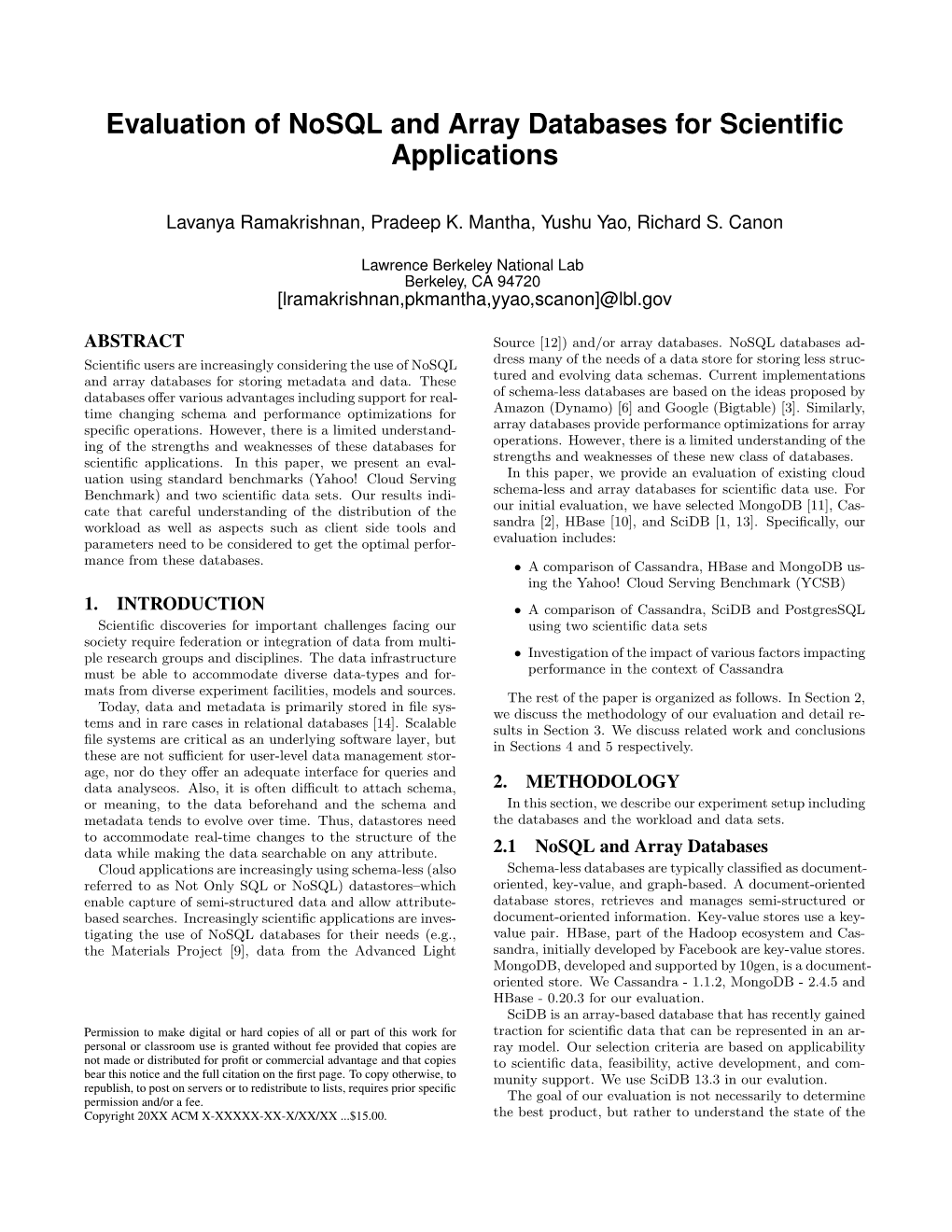 Evaluation of Nosql and Array Databases for Scientific Applications