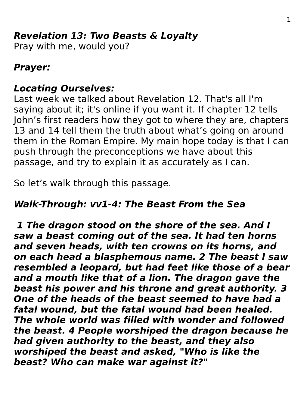 Revelation 13: Two Beasts & Loyalty Pray with Me, Would You?