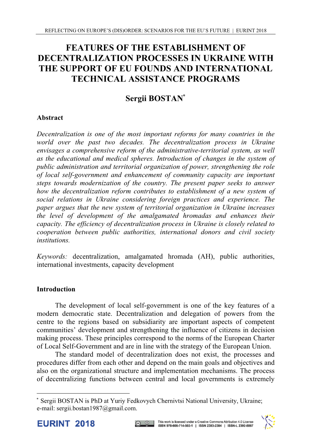 Features of the Establishment of Decentralization Processes in Ukraine with the Support of Eu Founds and International Technical Assistance Programs