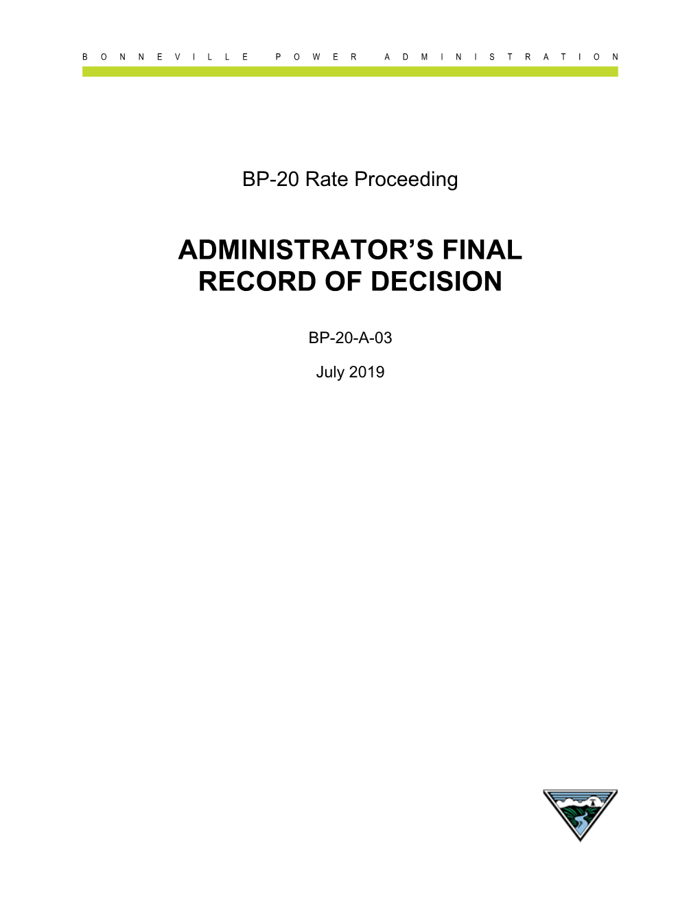 BP-20 Rate Proceeding Administrator Record of Decision BP-20-A-03