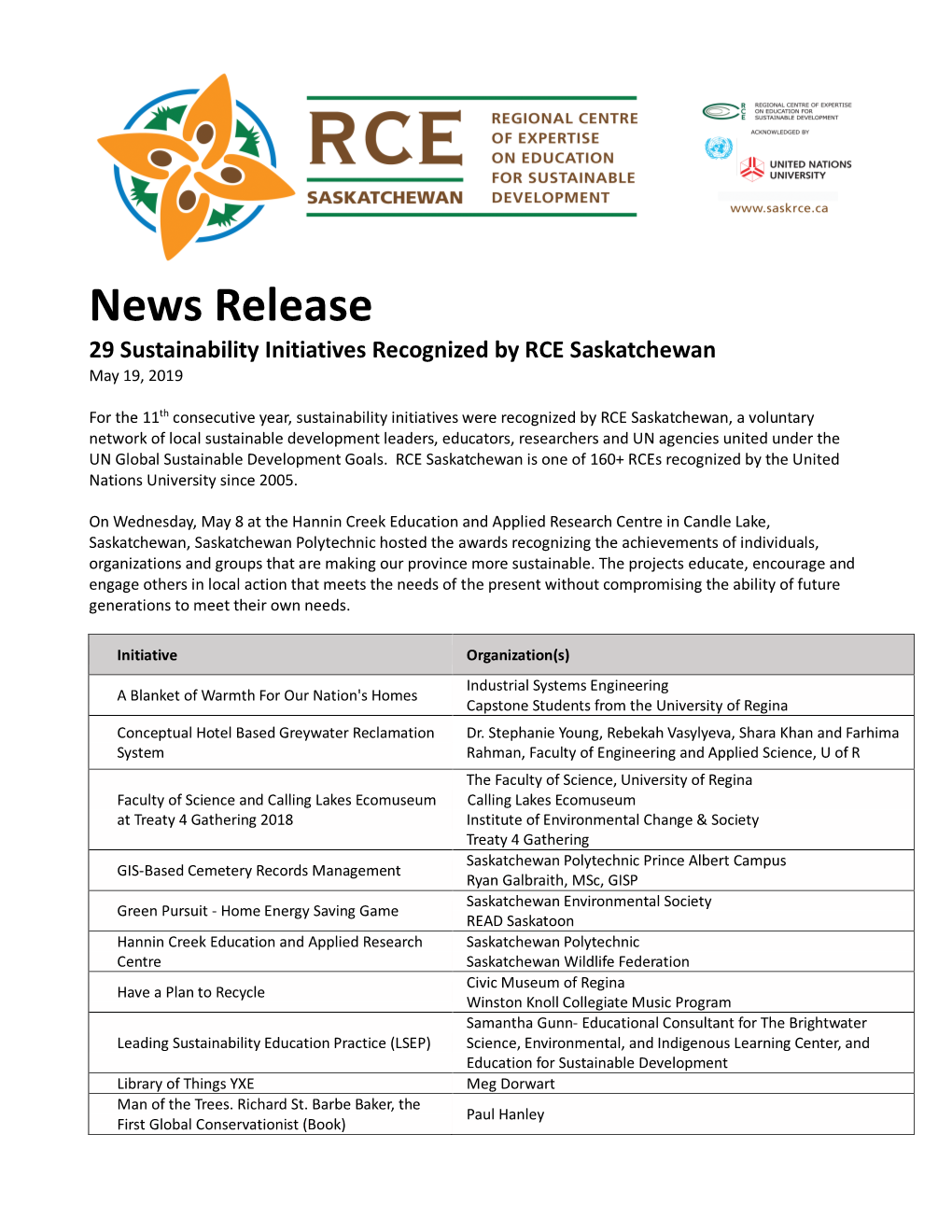 News Release 29 Sustainability Initiatives Recognized by RCE Saskatchewan May 19, 2019