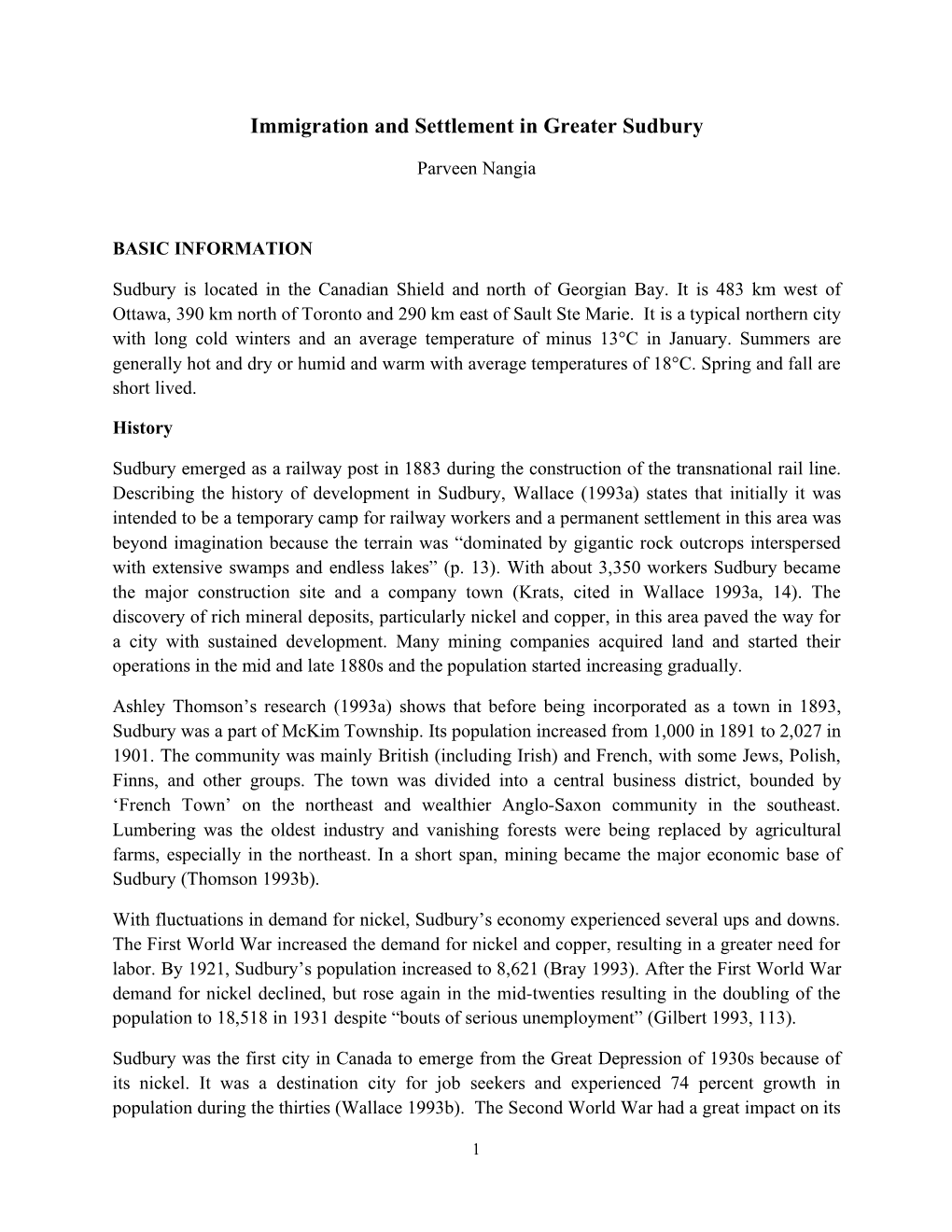 Immigration and Settlement in Greater Sudbury