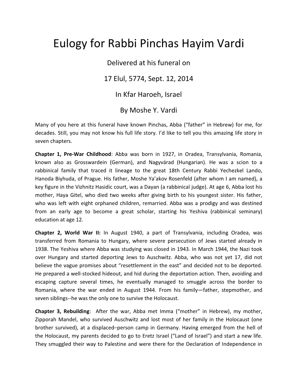 Eulogy for Rabbi Pinchas Hayim Vardi