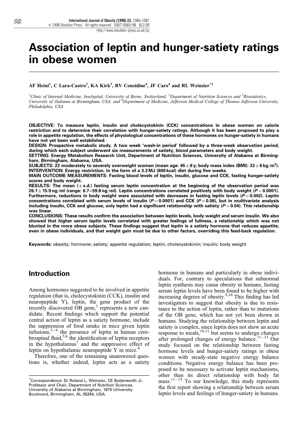 Association of Leptin and Hunger-Satiety Ratings in Obese Women