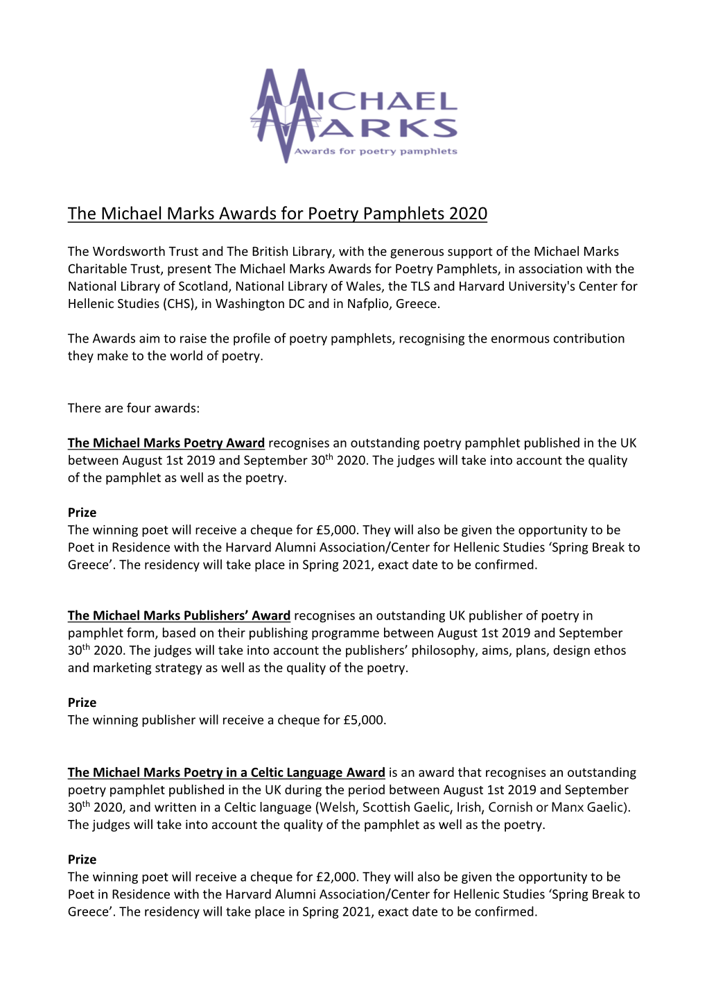 The Michael Marks Awards for Poetry Pamphlets 2020