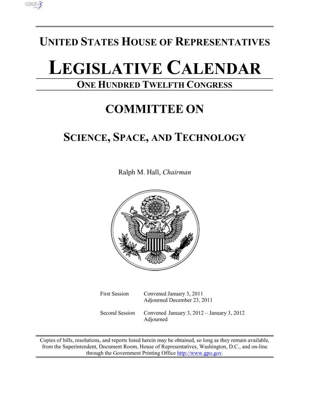 Legislative Calendar One Hundred Twelfth Congress