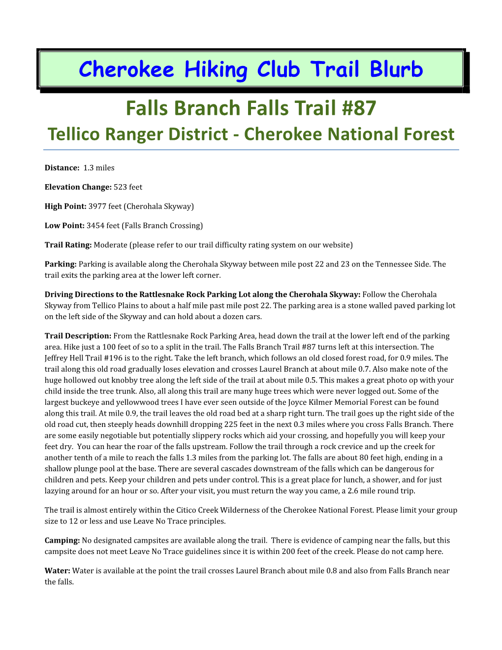 Falls Branch Falls Trail #87 Tellico Ranger District ‐ Cherokee National Forest