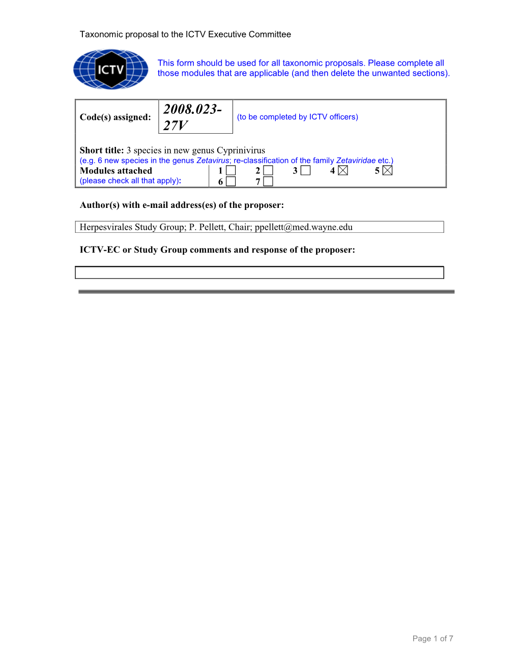 2008.023- Code(S) Assigned: (To Be Completed by ICTV Officers) 27V