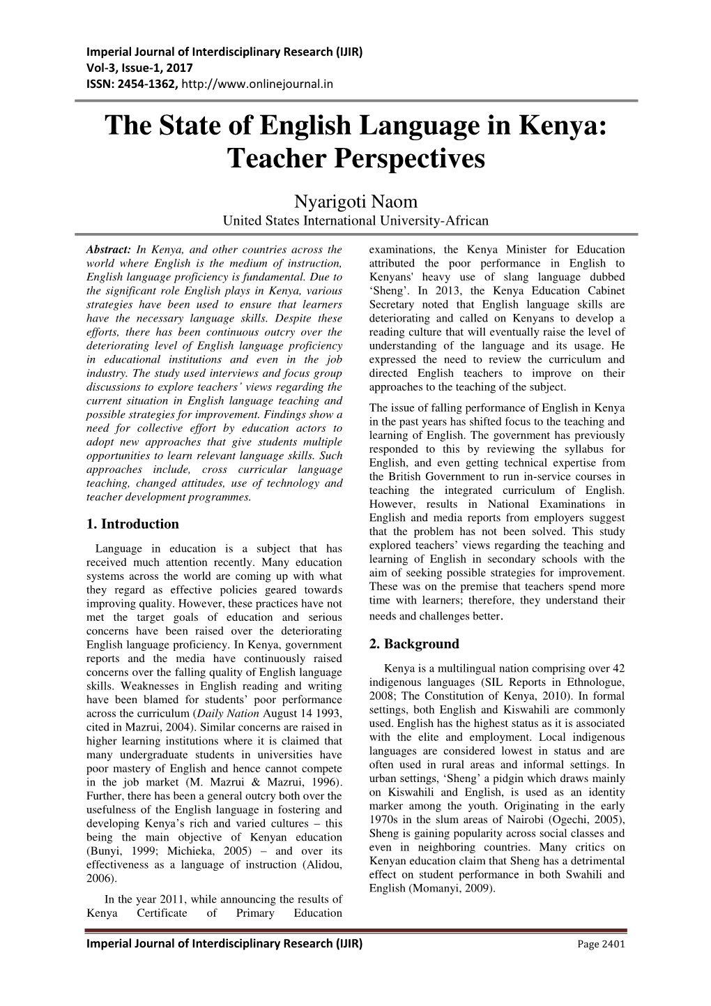 The State of English Language in Kenya: Teacher Perspectives