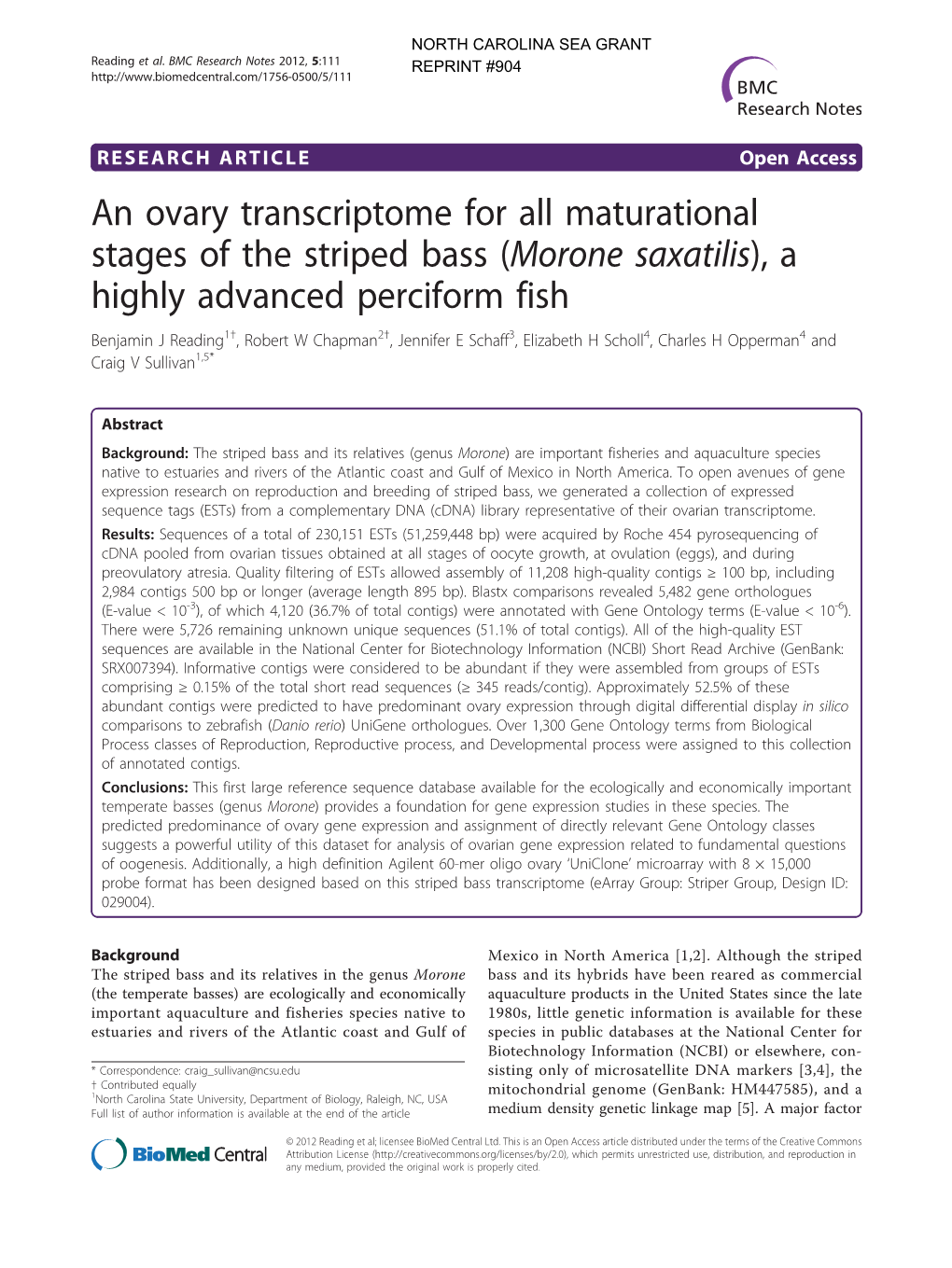 An Ovary Transcriptome for All Maturational Stages of the Striped