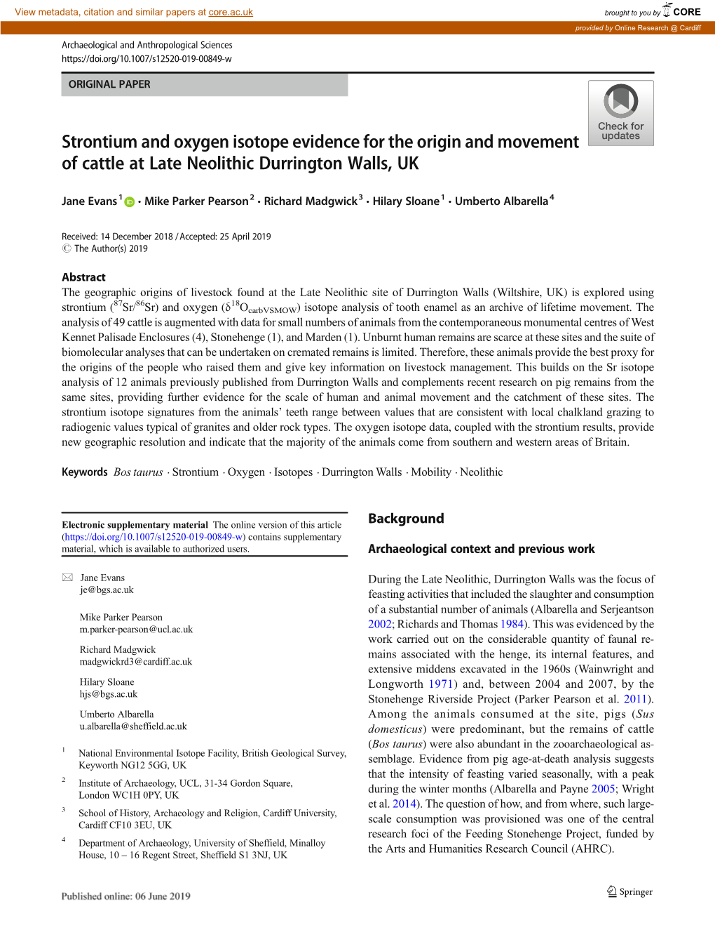 Strontium and Oxygen Isotope Evidence for the Origin and Movement of Cattle at Late Neolithic Durrington Walls, UK