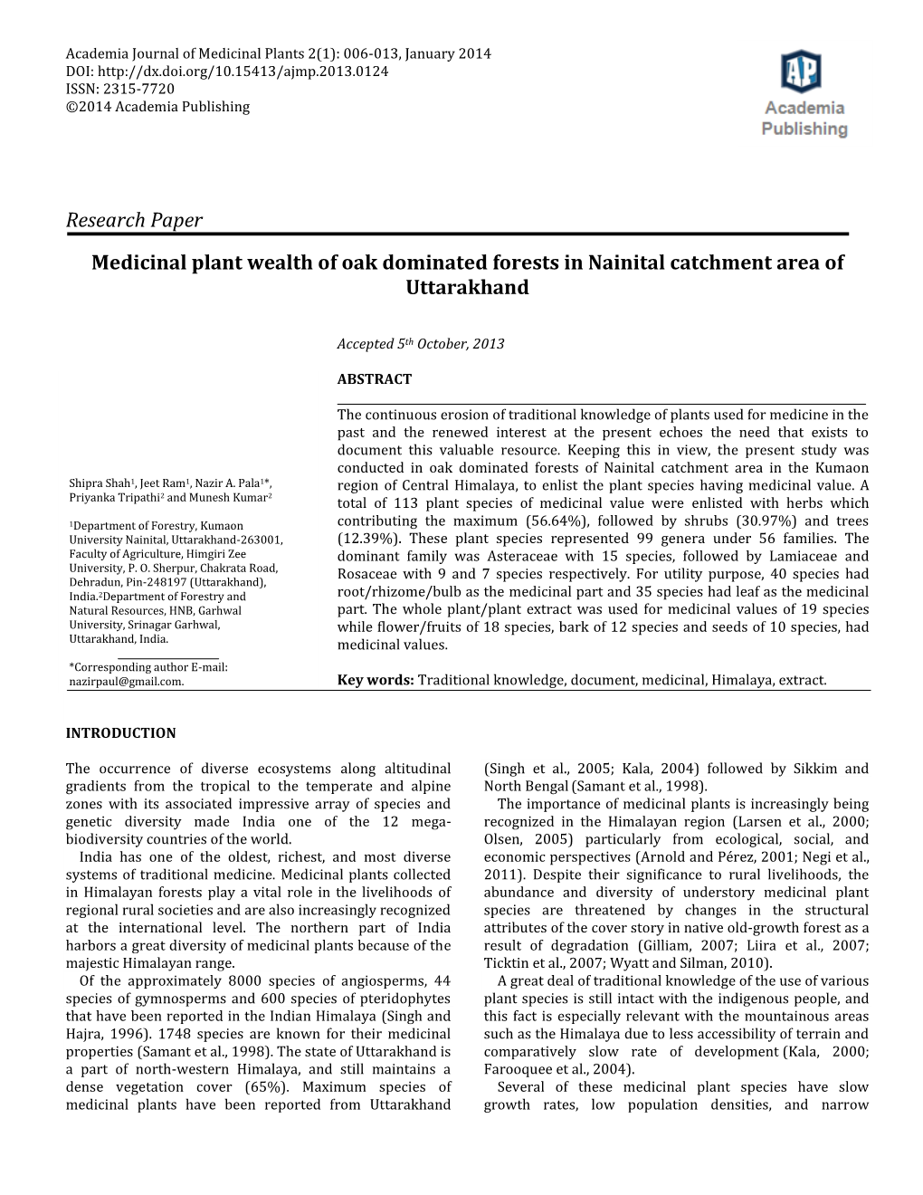 Research Paper Medicinal Plant Wealth of Oak Dominated Forests in Nainital Catchment Area of Uttarakhand