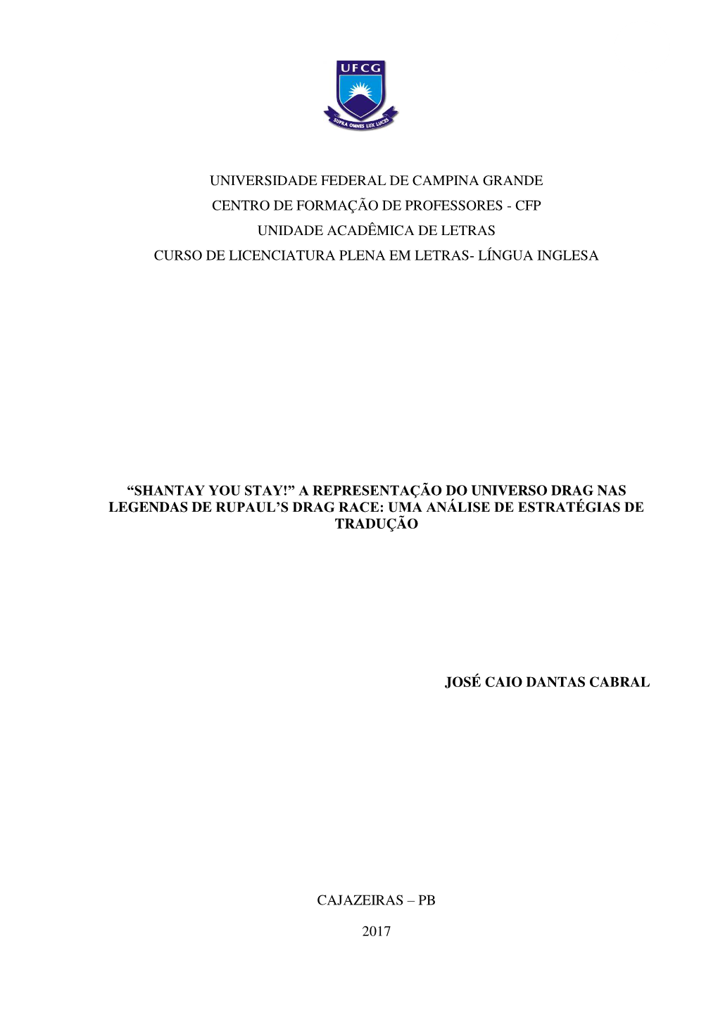 Cfp Unidade Acadêmica De Letras Curso De Licenciatura Plena Em Letras- Língua Inglesa