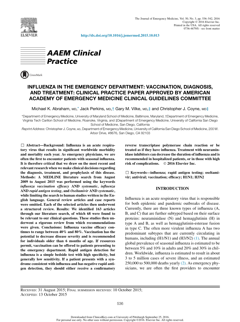 Influenza in the Emergency Department: Vaccination, Diagnosis, And&Nbsp;Treatment: Clinical Practice Paper Approved by Ameri