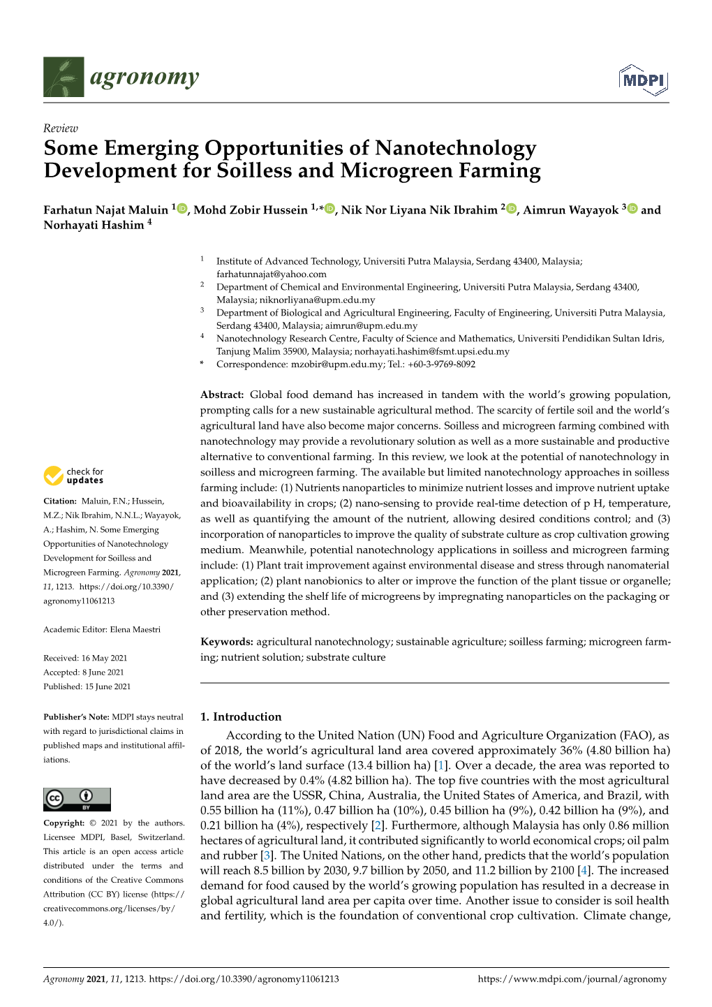 Some Emerging Opportunities of Nanotechnology Development for Soilless and Microgreen Farming