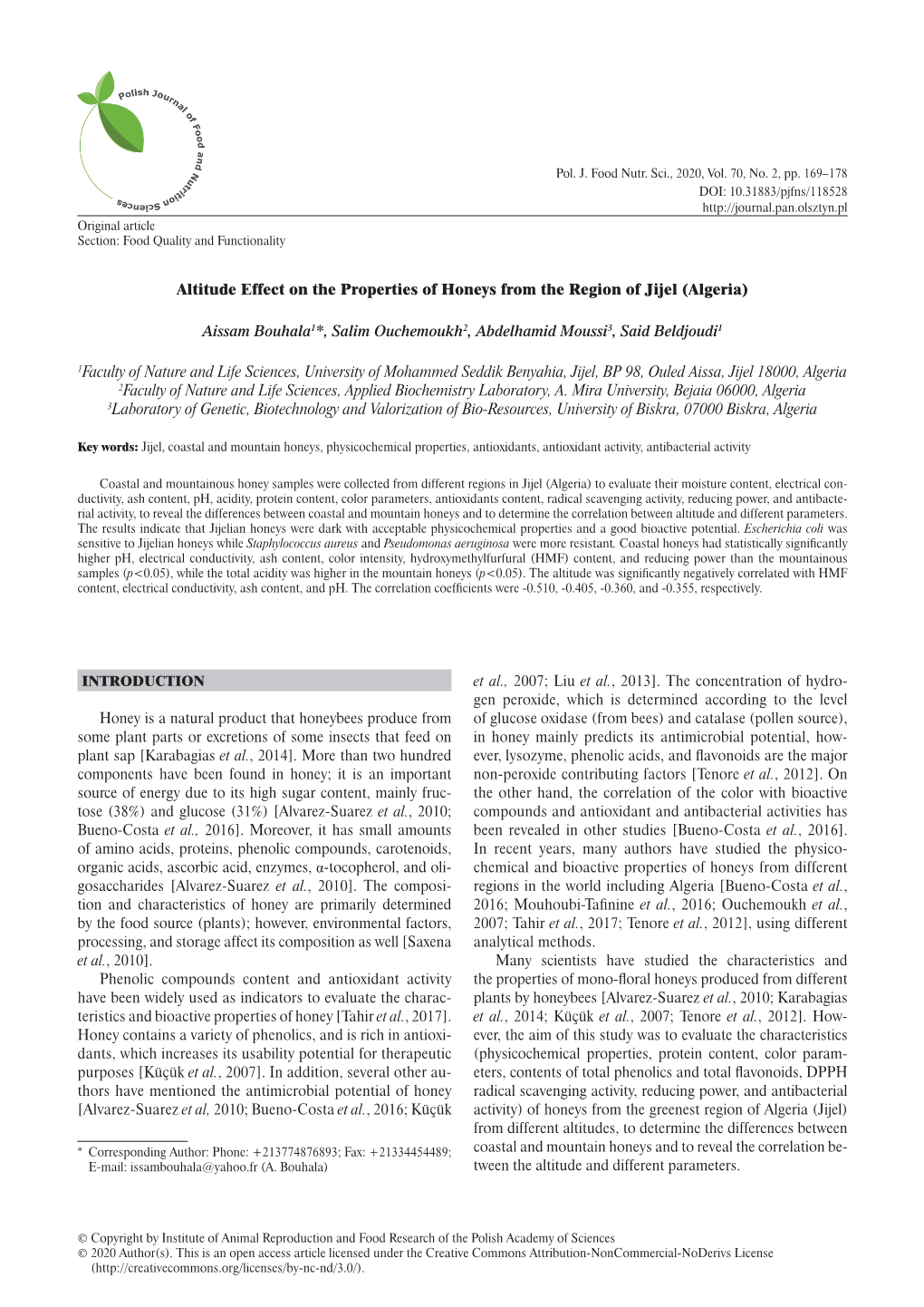 Altitude Effect on the Properties of Honeys from the Region of Jijel (Algeria)