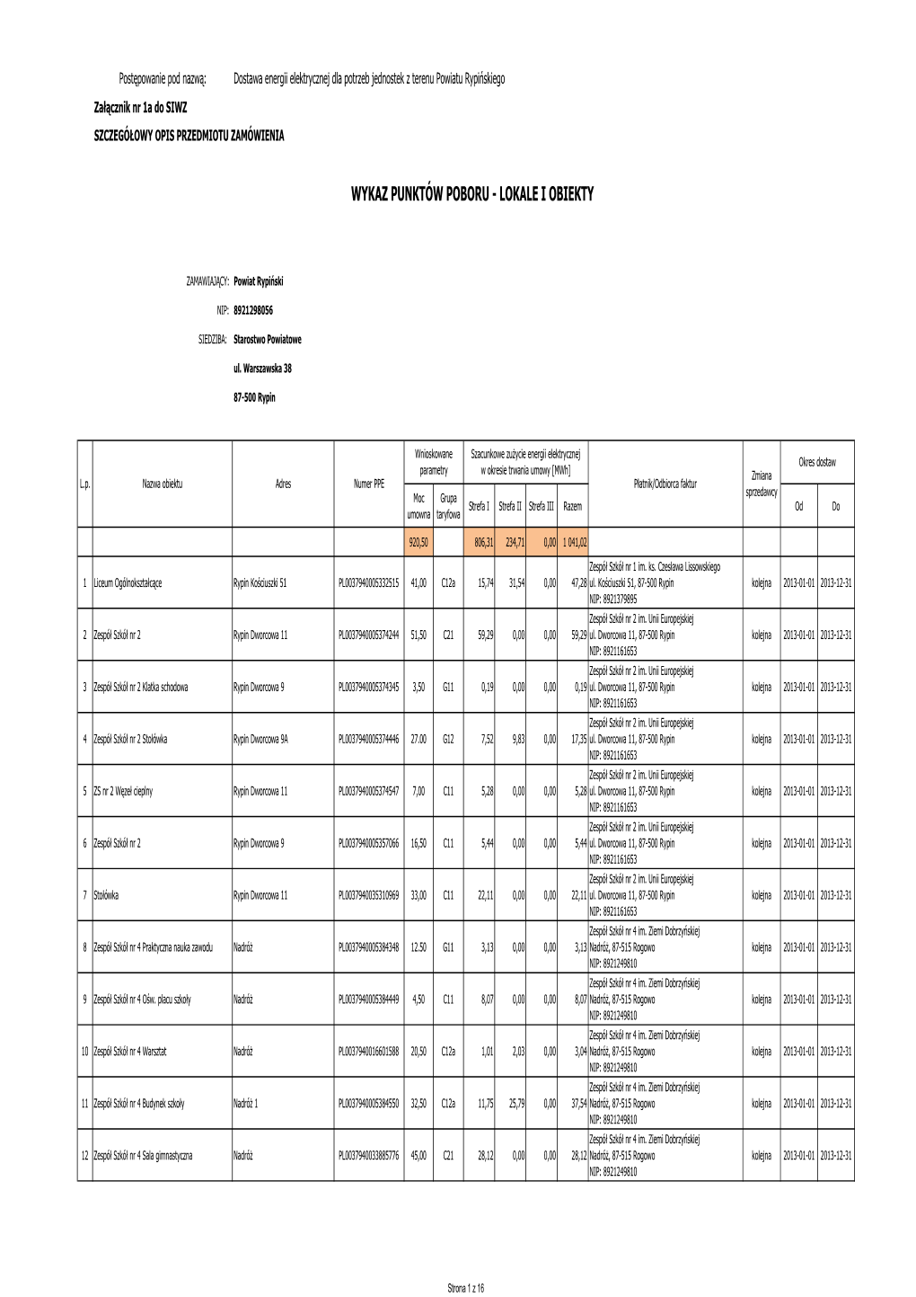 Wykaz Punktów Poboru - Lokale I Obiekty