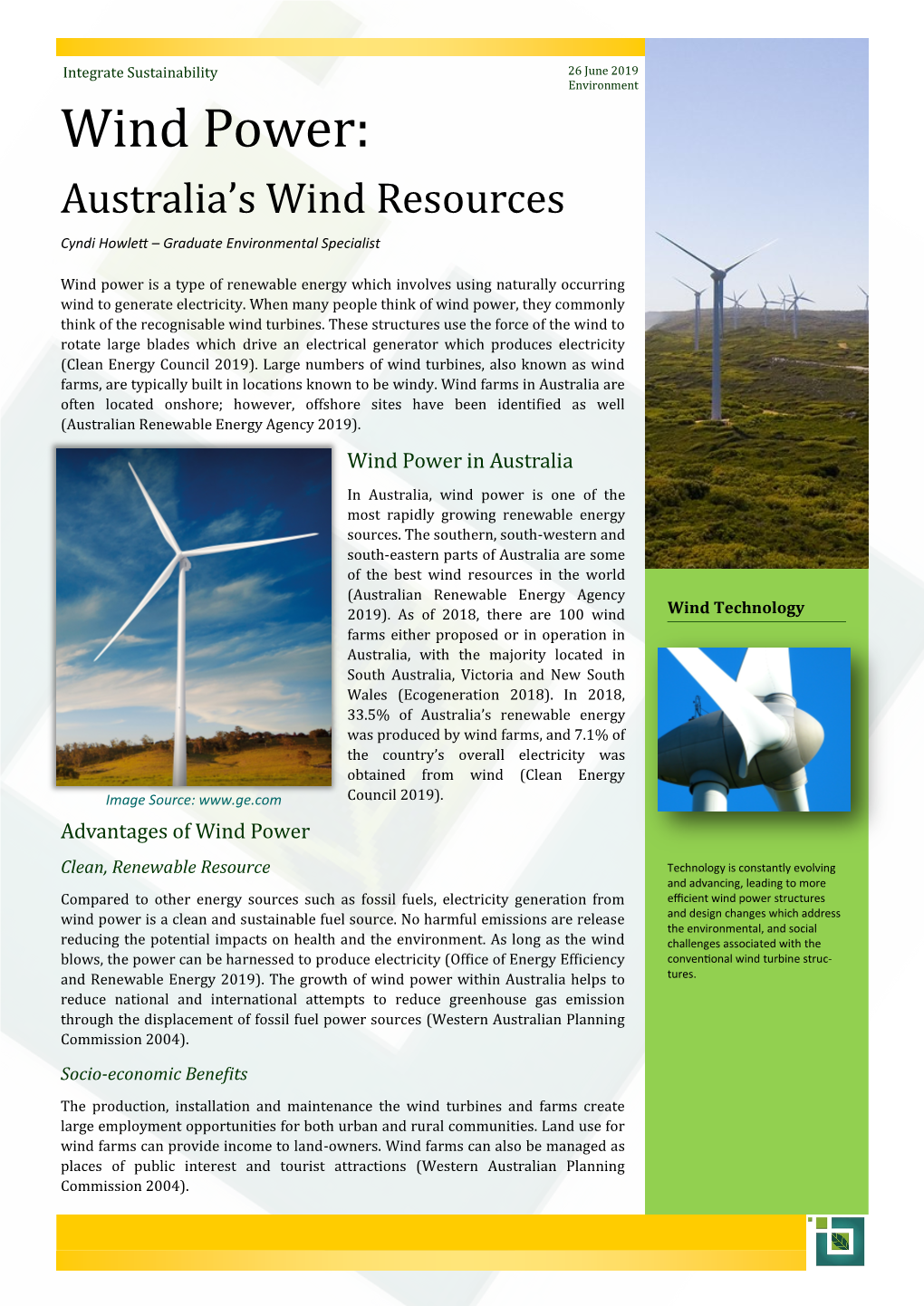Wind Power: Australia’S Wind Resources Cyndi Howlett – Graduate Environmental Specialist