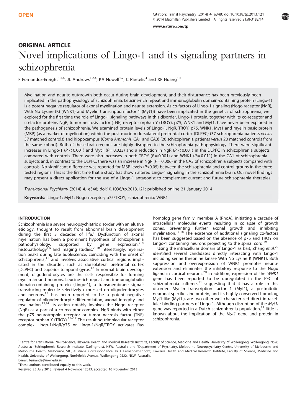 Novel Implications of Lingo-1 and Its Signaling Partners in Schizophrenia