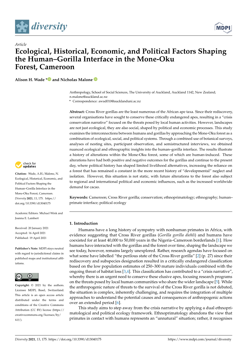 Ecological, Historical, Economic, and Political Factors Shaping the Human–Gorilla Interface in the Mone-Oku Forest, Cameroon