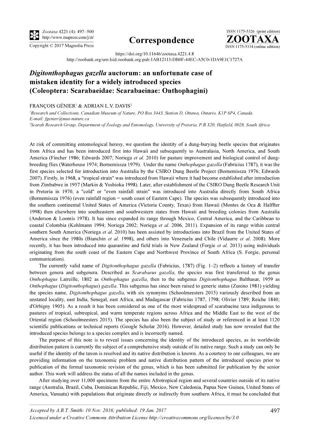 Digitonthophagus Gazella Auctorum: an Unfortunate Case of Mistaken Identity for a Widely Introduced Species (Coleoptera: Scarabaeidae: Scarabaeinae: Onthophagini)